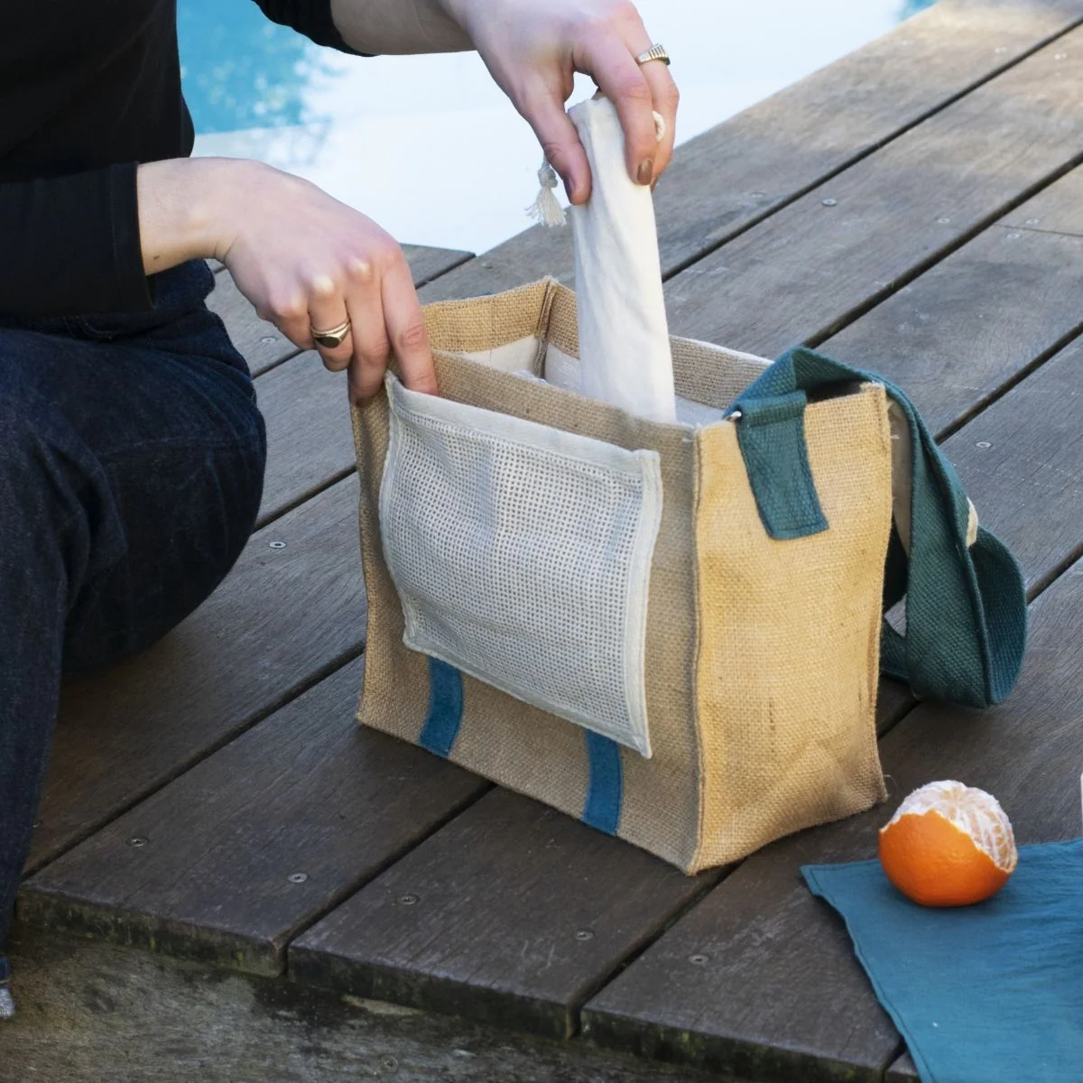 Sac Déjeuner À Bandoulière En Coton Bio - Bleu Canard - Image 3