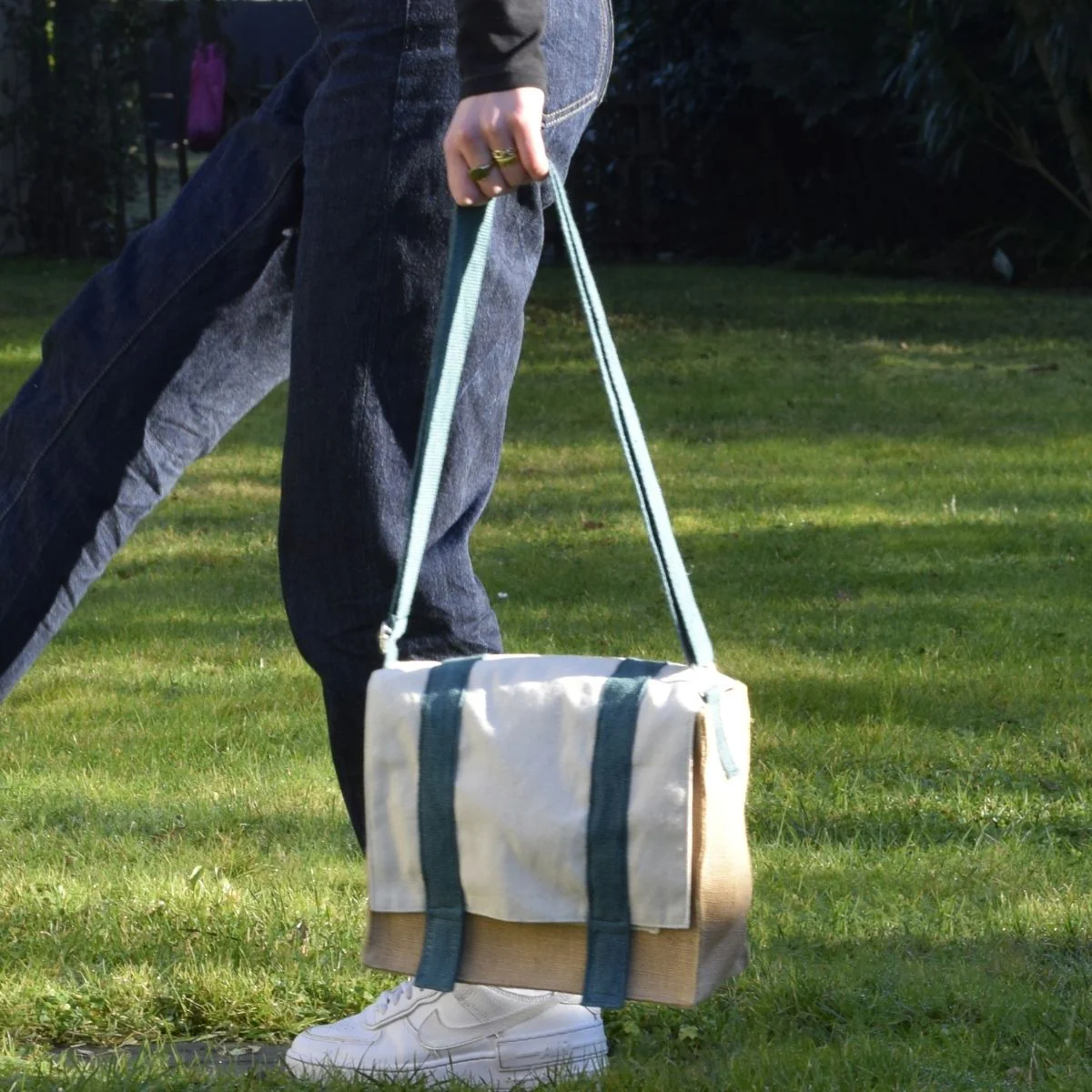 Sac Déjeuner À Bandoulière En Coton Bio - Bleu Canard - Image 4