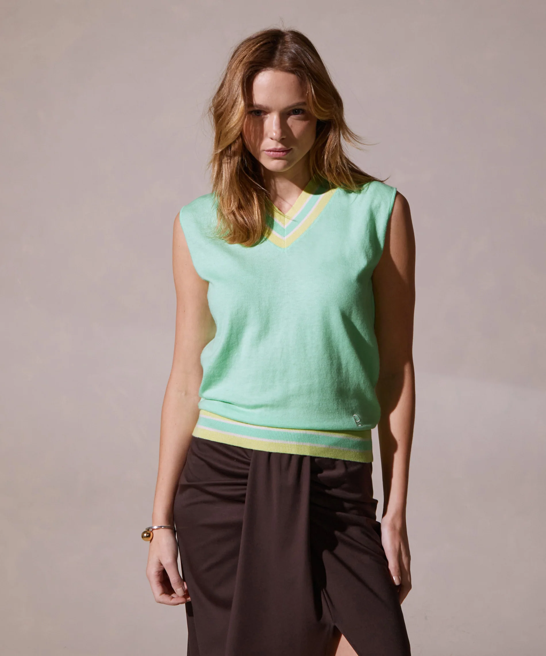 T-Shirt Sm Col V Constraste - Vert D'Eau - Femme - Image 2