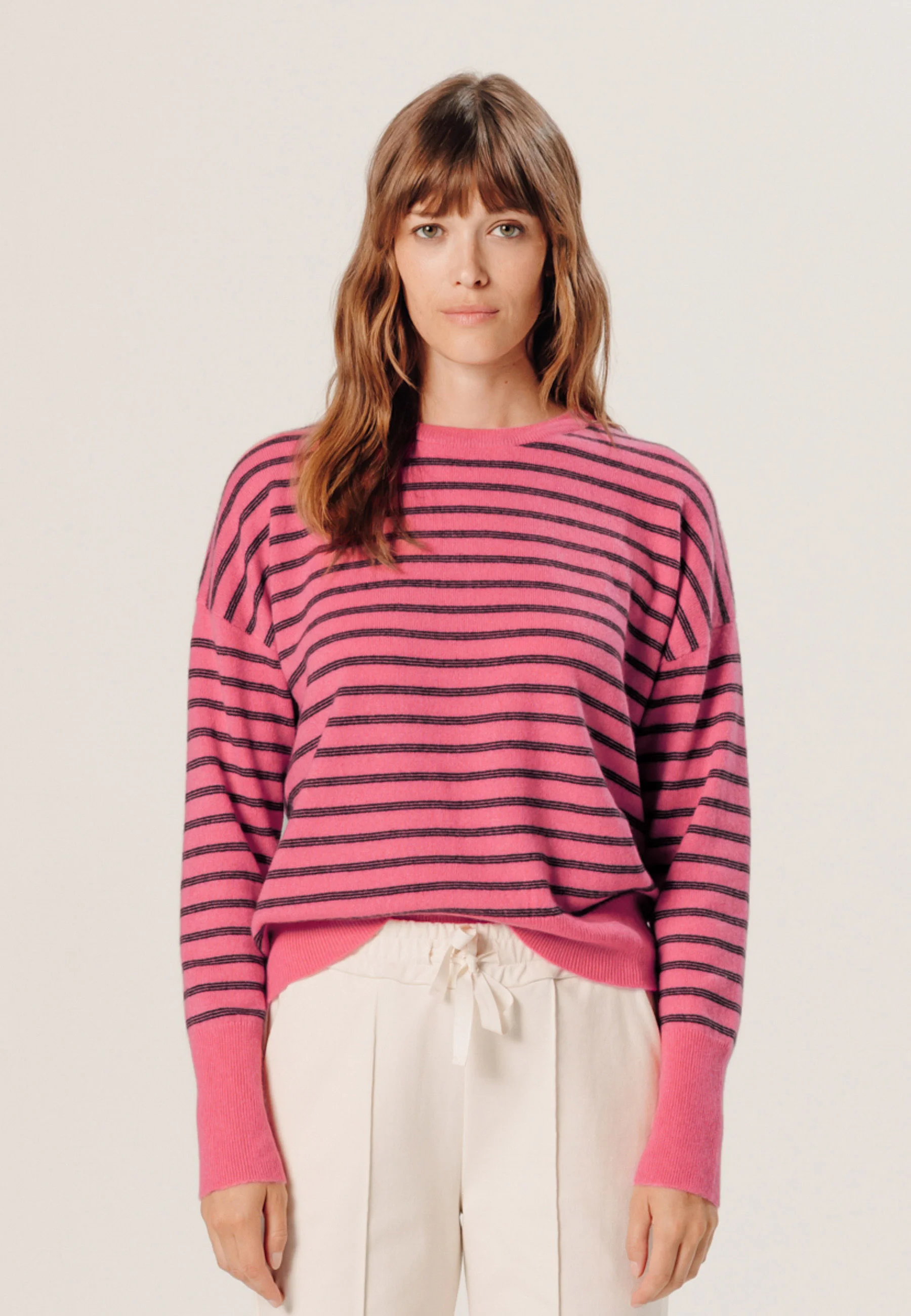 Pull Col Rond Raye - Orange Corail - Femme
