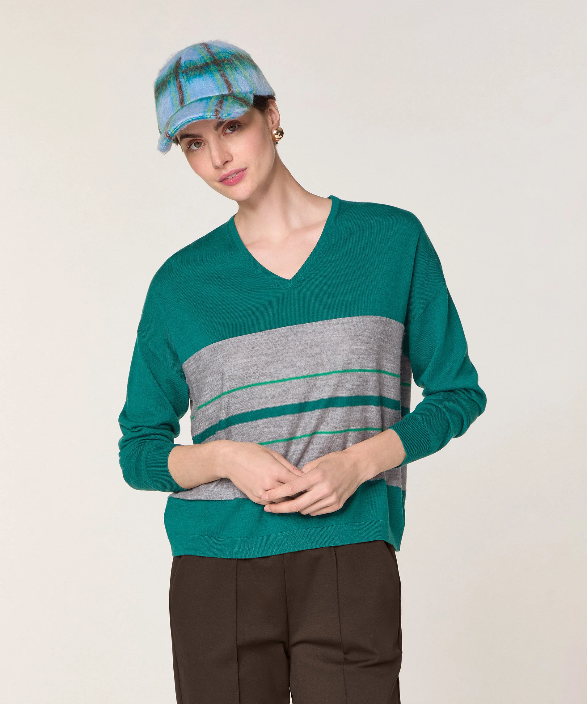Pull Col V Rayures - Vert Canard - Femme - Image 2