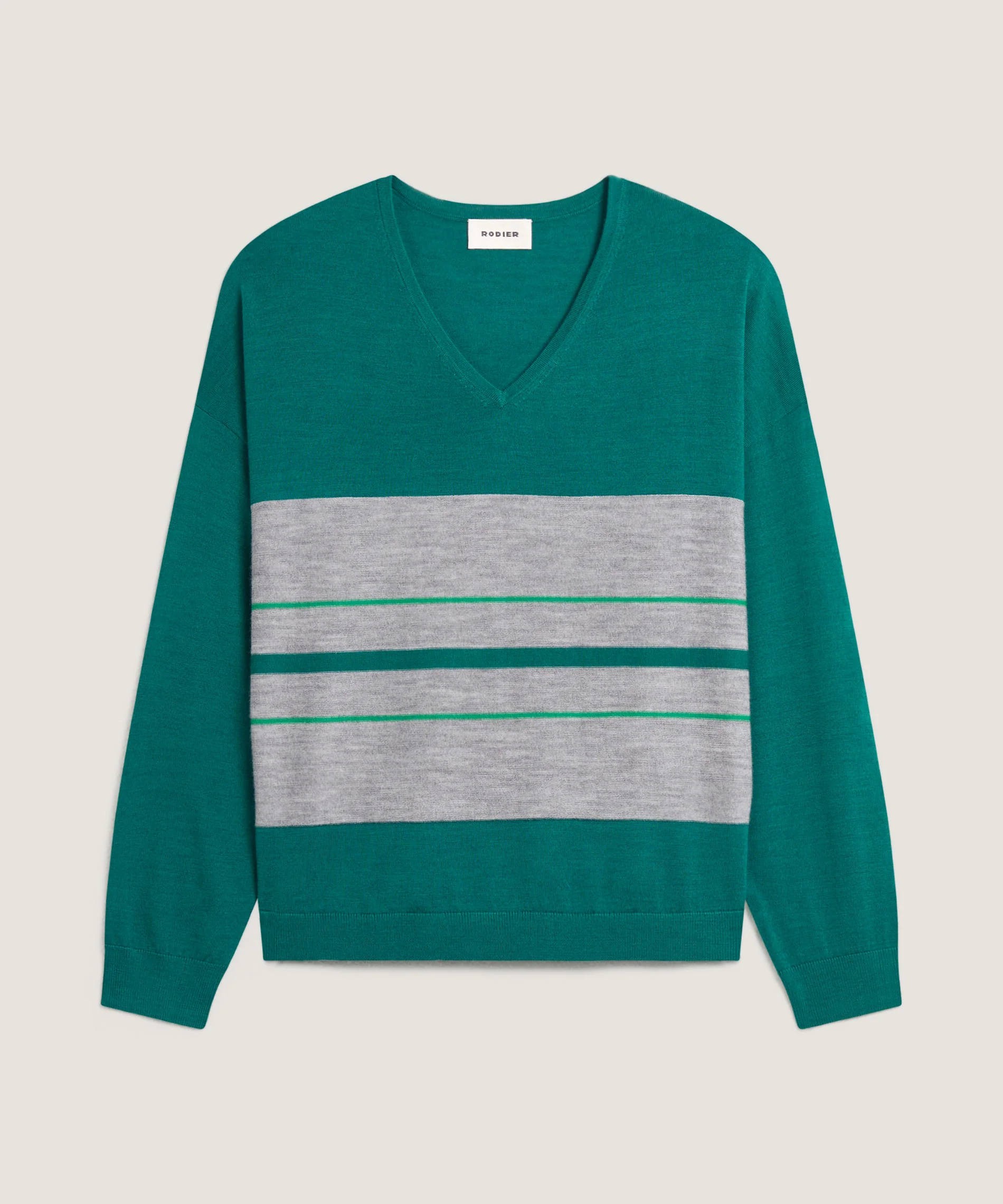 Pull Col V Rayures - Vert Canard - Femme - Image 4