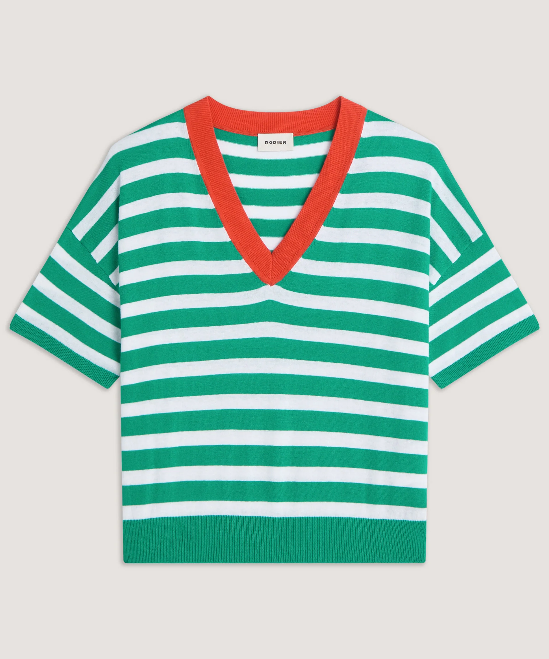 T-Shirt Col V Raye - Vert Emeraude - Femme - Image 3
