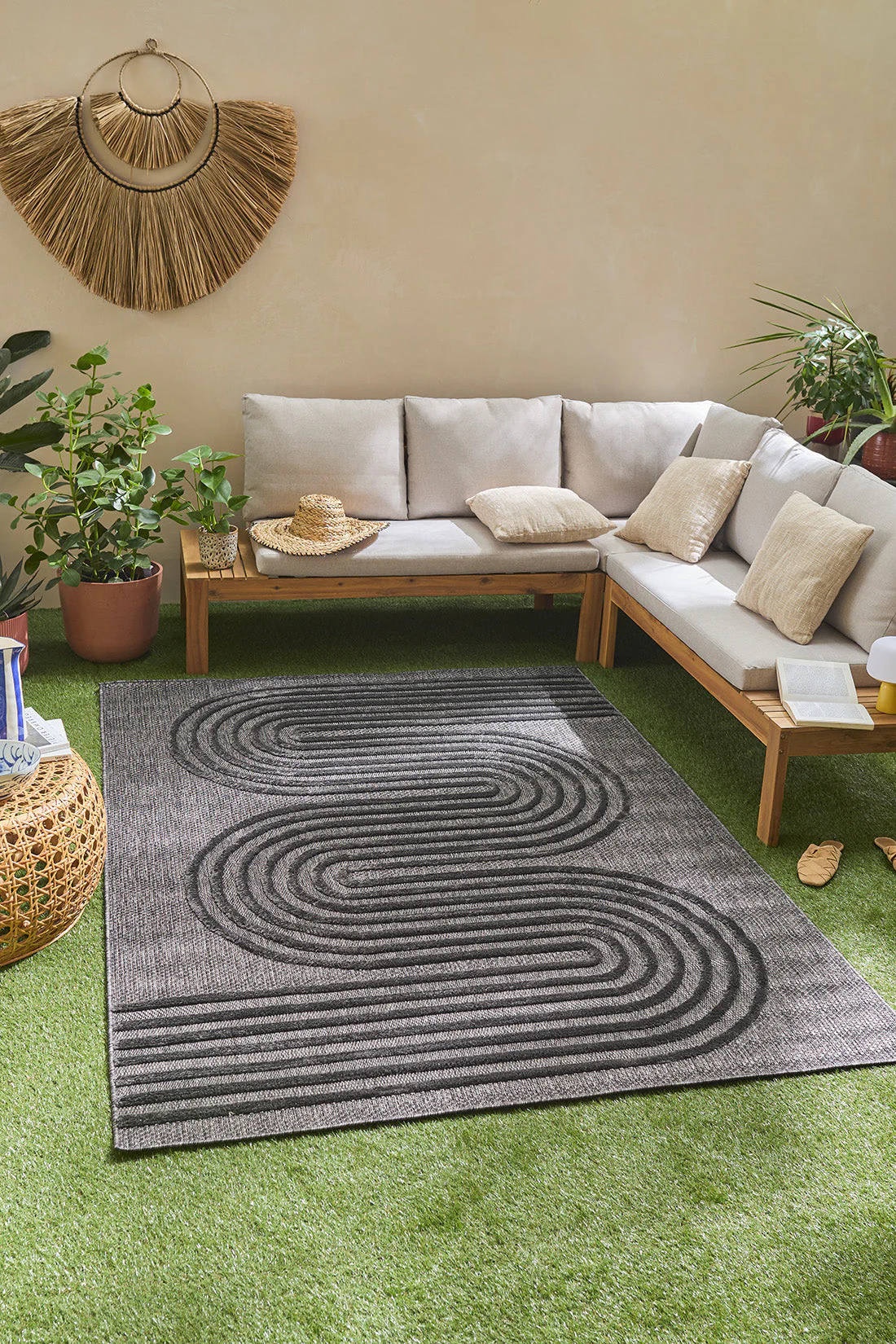 Tapis Santorini Intérieur Et Extérieur - Motifs De Vagues Noir