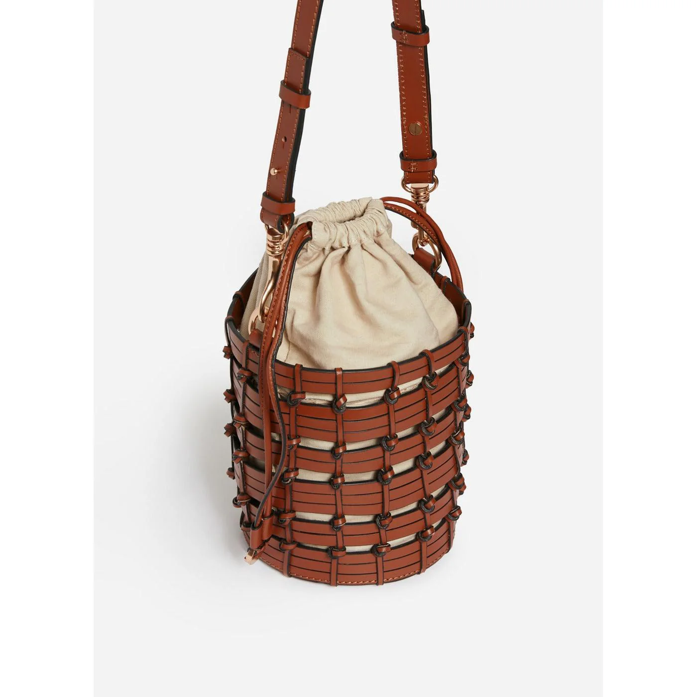 Petit Sac Seau En Cuir Tressé - Cognac - Image 4